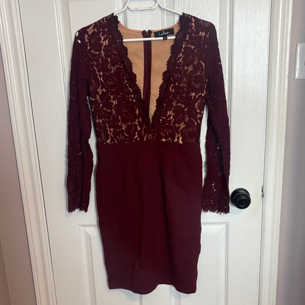 Lulu's Deep Red Lace Long Sleeve Dress